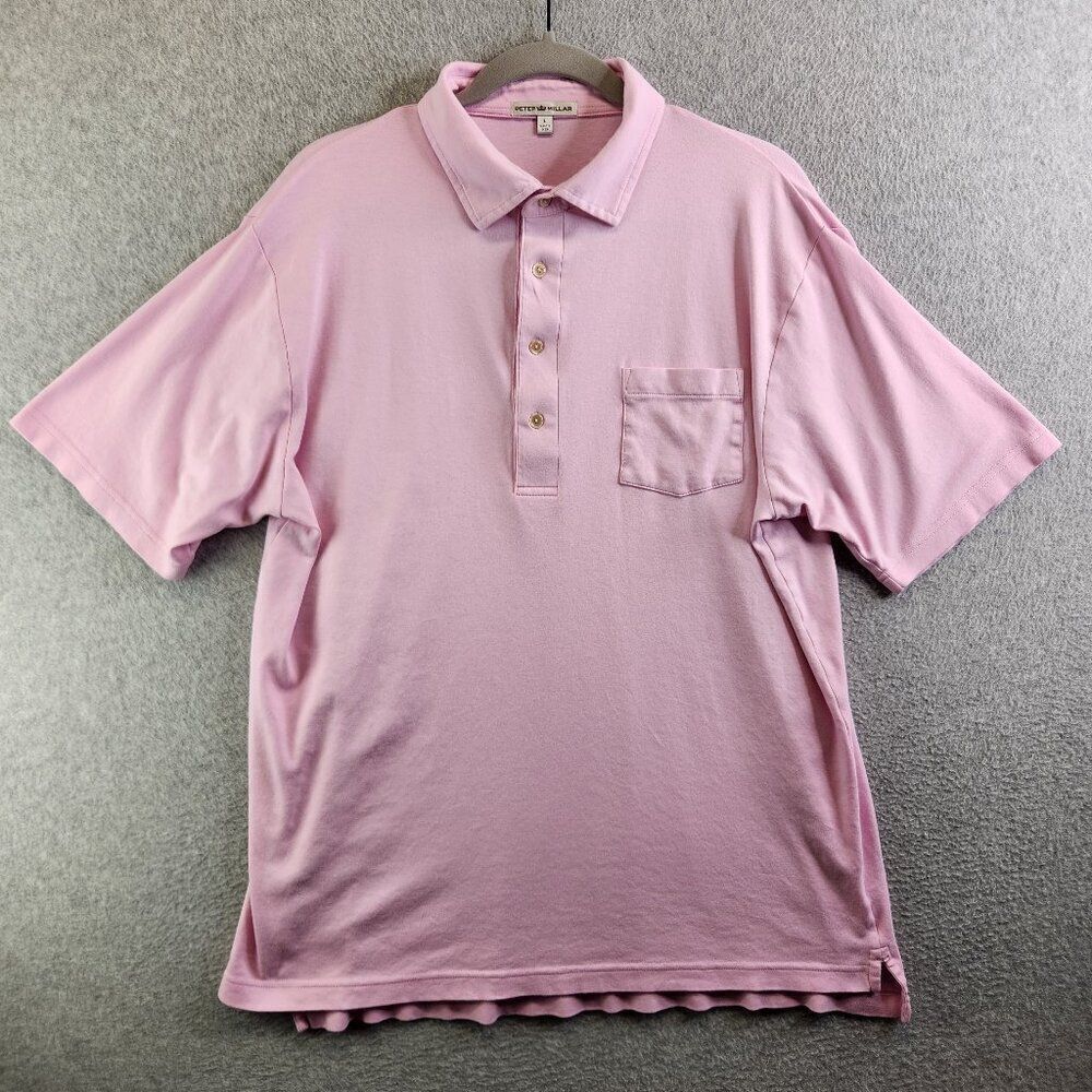 Peter Millar Shirt Mens Large Pink Golf Polo Cotton Side Slits Chest Pocket